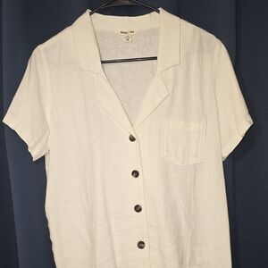 Hang Ten Women's Cream Linen Blend Short Sleeve Button Down Shirt